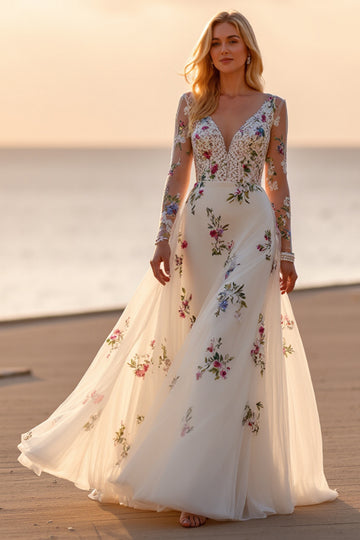 White Floral Long Sleeve A Line Boho Wedding Dress